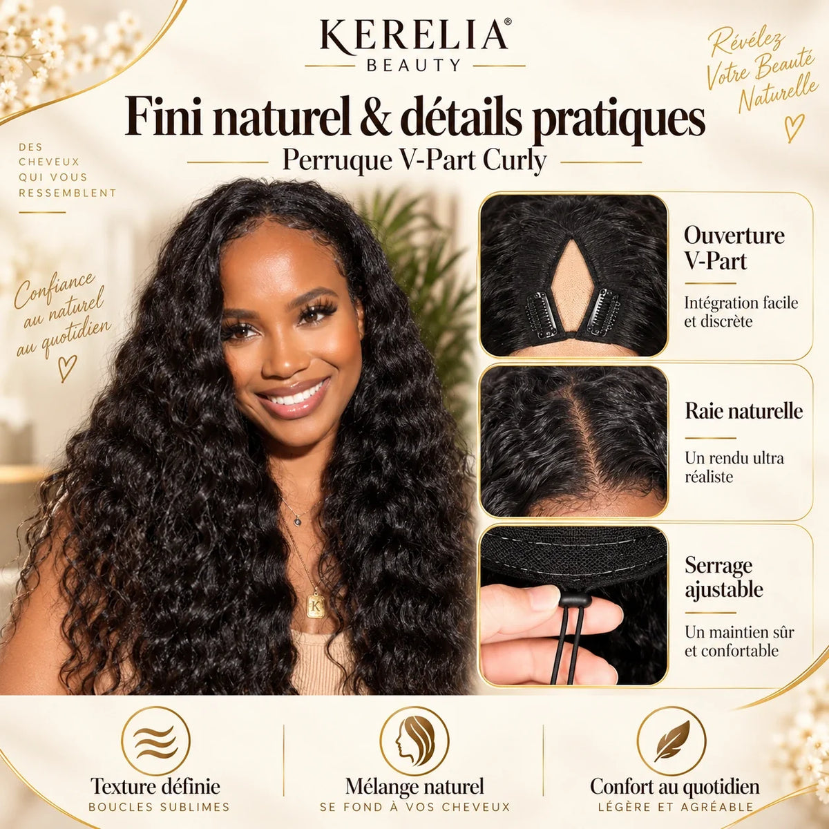 Perruque V-Part Curly Kerelia - fini naturel et détails pratiques