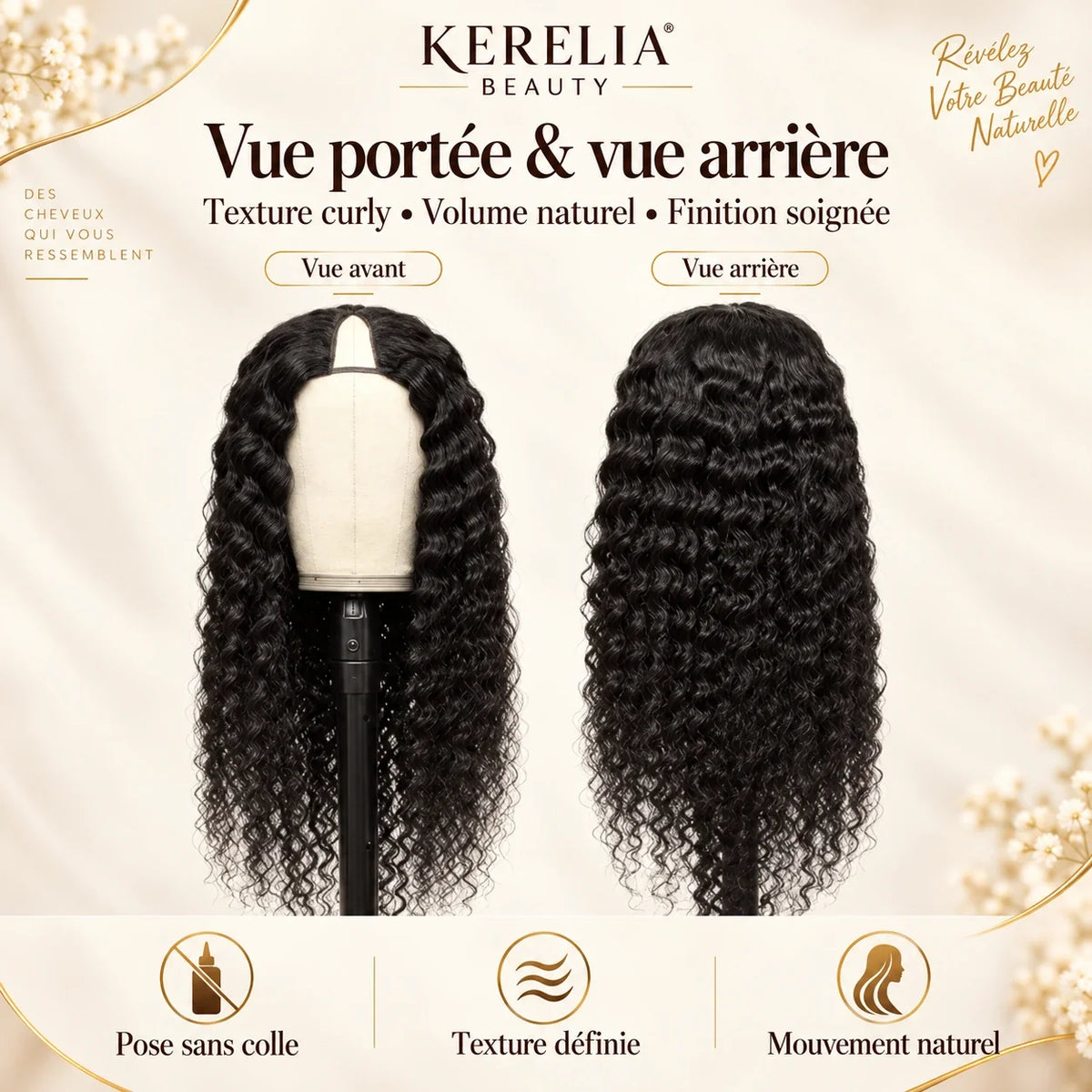 Perruque V-Part Curly Kerelia - vue avant et vue arrière