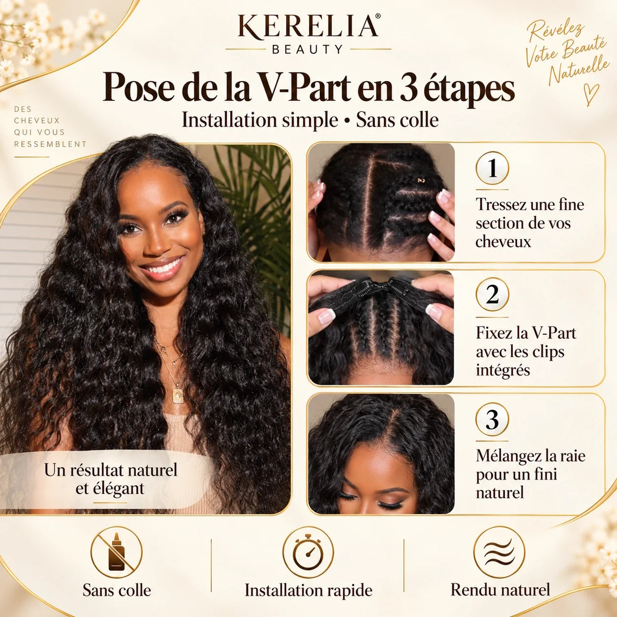 Pose de la perruque V-Part Curly Kerelia en 3 étapes