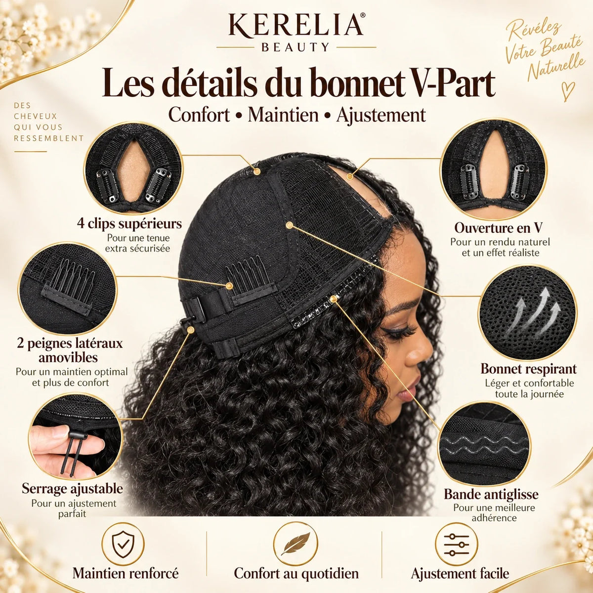 Détails du bonnet V-Part Kerelia - clips, peignes et bande antiglisse