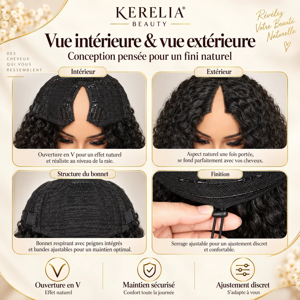 Perruque V-Part Curly Kerelia - vue intérieure et vue extérieure