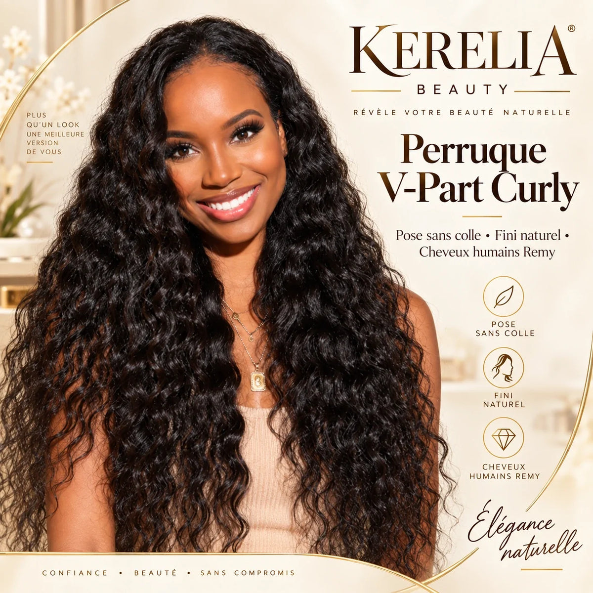 Perruque V-Part Curly Glueless Kerelia portée - cheveux humains Remy